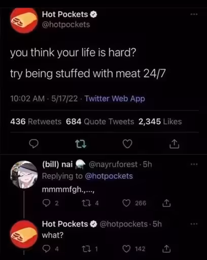 Tweet by Hot Pocket:
Hot Pocket: You think your life is hard? Try being stuffed with meat 24/7.
Reply: mmgph
Hot Pocket: what? Tweet by Hot Pocket:
Hot Pocket: You think your life is hard? Try being stuffed with meat 24/7.
Reply: mmgph
Hot Pocket: what?