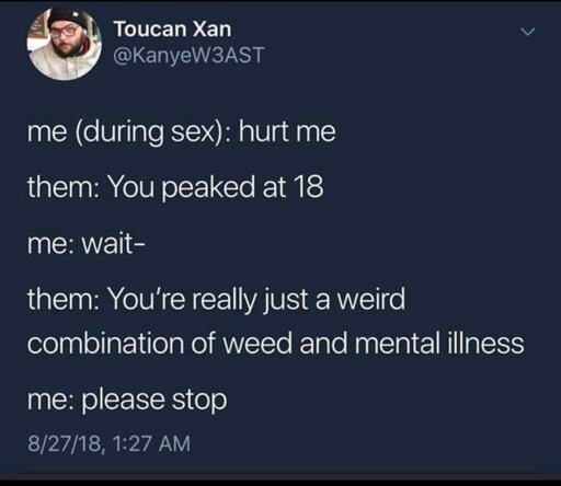 me (during sex): hurt me; them: You peaked at 18; me: wait-; them: You're really just a weird combination of weed and mental illness; me: please stop