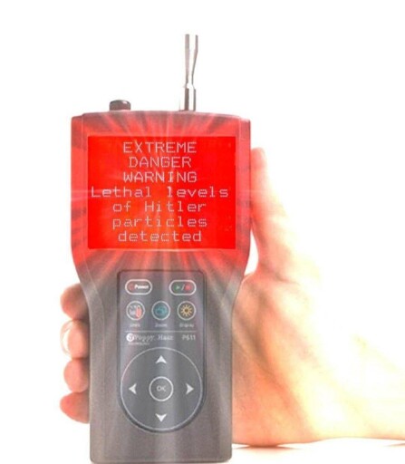 Red glowing screen: "EXTREME DANGER WARNING. Lethal levels of Hitler particles detected"
