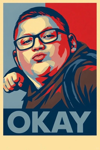 the "okay" kid who punched the pro-ice dipshit, portrayed in the style of Obama's "Change" poster by Shepard Fairey