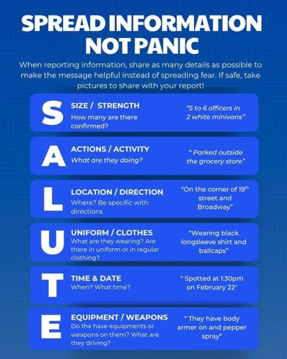 A blue informational poster explaining how to report a situation by using the acronym “SALUTE,” with each letter prompting what details to include.

It says to share as many details as possible and, if safe, take pictures to include with your report.

S – SIZE / STRENGTH: “How many are there confirmed?” Example: “5 to 6 officers in 2 white minivans”
A – ACTIONS / ACTIVITY: “What are they doing?” Example: “Parked outside the grocery store”
L – LOCATION / DIRECTION: “Where? Be specific with directions” Example: “On the corner of 19th street and Broadway”
U – UNIFORM / CLOTHES: “What are they wearing? Are they in uniform or in regular clothing?” Example: “Wearing black long sleeve shirt and ballcaps”
T – TIME & DATE: “When? What time?” Example: “Spotted at 1:30pm on February 22”
E – EQUIPMENT / WEAPONS: “Do the have equipments or weapons on them? What are they driving?” Example: “They have body armor on and pepper spray”

Image description provided with Be My Eyes.