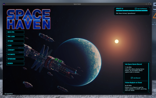 Screenshot vom Hauptmenüs des Spiels Space Haven. 