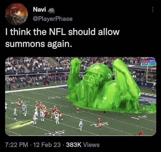 "I think the NFL should allow summons again." Picture of a American football game with a huge player made of green slime