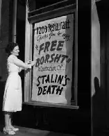 Ukrainian restaurant offering free borsht in celebration of Stalin's death, New York City, USA, 1953