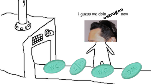 Meme from the template "I guess we doin x now", the character has a picture of receding hairline superimposed onto their head and the text has been filled in with "I guess we doin estrogen now", the conveyor belt shows estrogen pills moving by