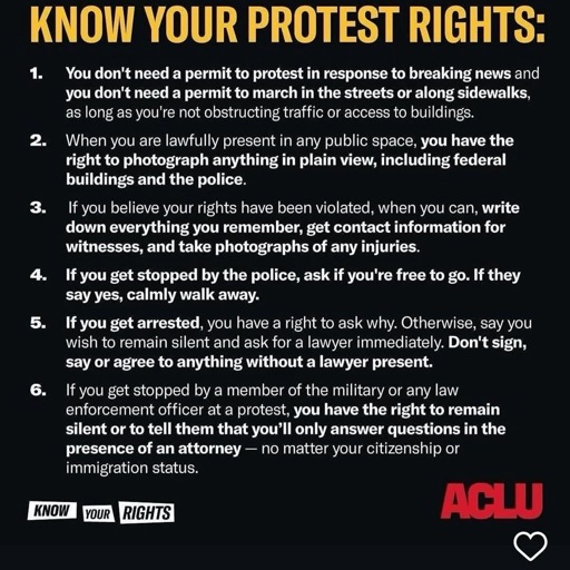 A black poster with a large yellow headline that reads “KNOW YOUR PROTEST RIGHTS” and six numbered points in white text. The bottom left has a small “KNOW YOUR RIGHTS” graphic, and the bottom right has a red “ACLU” logo.

KNOW YOUR PROTEST RIGHTS

1. You don’t need a permit to protest in response to breaking news and you don’t need a permit to march in the streets or along sidewalks, as long as you’re not obstructing traffic or access to buildings.

2. When you are lawfully present in any public space, you have the right to photograph anything in plain view, including federal buildings and the police.

3. If you believe your rights have been violated, when you can, write down everything you remember, get contact information for witnesses, and take photographs of any injuries.

4. If you get stopped by the police, ask if you’re free to go. If they say yes, calmly walk away.

5. If you get arrested, you have a right to ask why. Otherwise, say you wish to remain silent and ask for a lawyer immediately. Don’t sign, say or agree to anything without a lawyer present.

6. If you get stopped by a member of the military or any law enforcement officer at a protest, you have the right to remain silent or to tell them that you’ll only answer questions in the presence of an attorney — no matter your citizenship or immigration status.