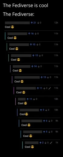A meme showing a comment thread on Lemmy where every comment is just "Cool" with a sunglasses emoji. Text above: The Fediverse is cool, The Fediverse: