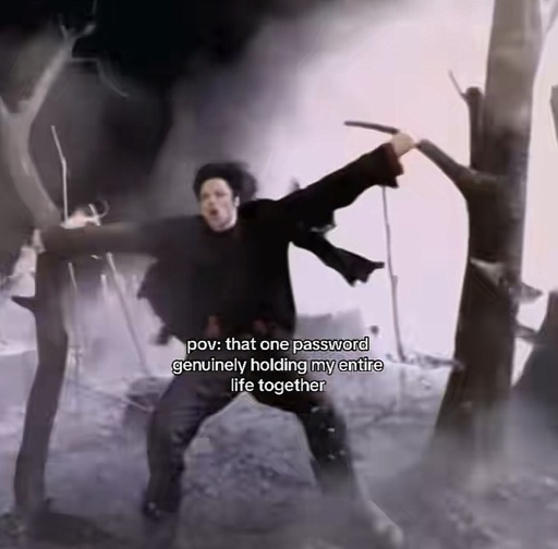 Screen-cap of Michael Jackson in a music video being blown in heavy wind with the caption, “POV that one password genuinely holding my entire life together”