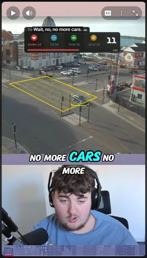 A man saying "No more cars- no more" while watching a traffic camera with a gambling website overlay showing the number of cars passing through it. 