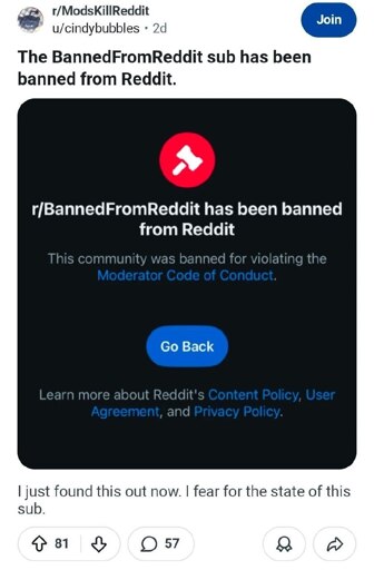 The BannedFromReddit subreddit has been banned from Reddit alongside the ModsKillReddit subreddit