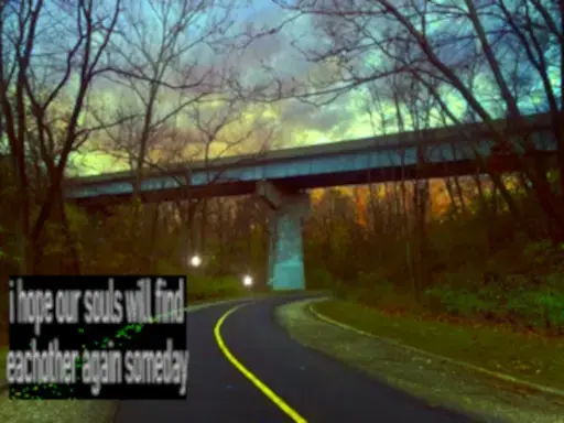 an overpass at sunset with woods on either side. there are two bright orbs among the trees. a black rectangle in the bottom left reads "i hope our souls will find eachother again someday"