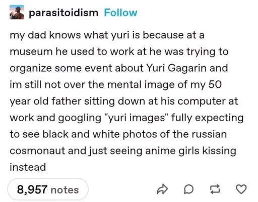 my dad knows what yuri is because at a museum he used to work at he was trying to organize some event about Yuri Gagarin and  im still not over the mental image of my 50 year old father sitting down at his computer at work and googling "yuri images" fully expecting to see black and white photos of the russian cosmonaut and just seeing anime girls kissing instead