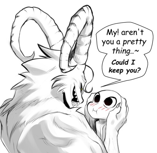 A demon person with yellow in black eyes and sharp teeth is gently-firmly grabbing someones face and says "My! Aren't you a pretty thing..~ Could I keep you?" The person being grabbed blushes.