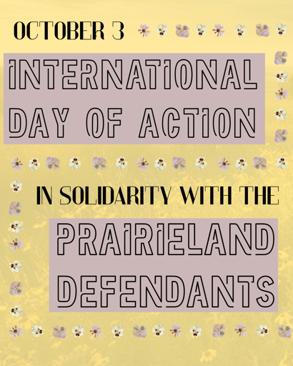 Yellow graphic stating October 3, International Day of Solidarity for Prairieland Defendants. There is a pastel purple floral motif surrounding the text.