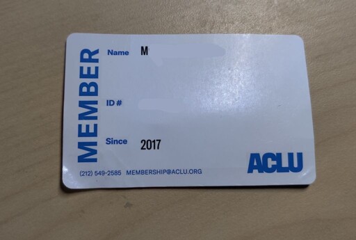 ACLU Member card. Indicates member since 2017.