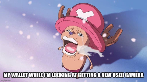 A picture of the character Chopper from One Piece, ugly crying, with the text "My wallet while I'm looking at getting a new used camera" at the bottom.