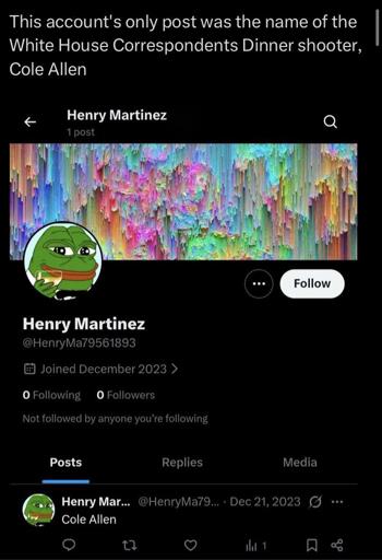 A twitter post from 21 December 2023, the only one on the groyper-themed account, which gives the name of the attempted Trump assassin from 25 April 2026. 