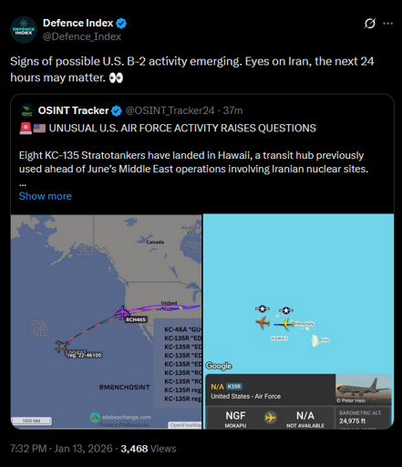 A twitter image from @Defence_Index quoting @OSINT_Tracker24 showing two images of air traffic control maps