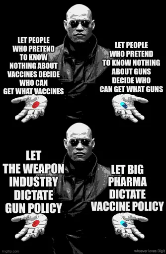 Morpheus from the Matrix offering a red pill or a blue pill, twice across two panels. Image text in post.