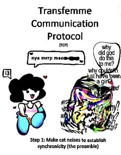 *deepfried meme*
Transfem Communication Protocol (TCP)

Fem person in trans colors: :3, nya mrrp meo⚫ ⬛⬛⬛⬛


Morphed genderblob: why did god do this to me? 
Why couldn't I just have been a girl? 
Why ?why? why ? Why? Why? Why? Why? Why? Why? Why? Why? Why? Why?

Step 1: Make cat noises to eastablished synchroninity (the preamble)