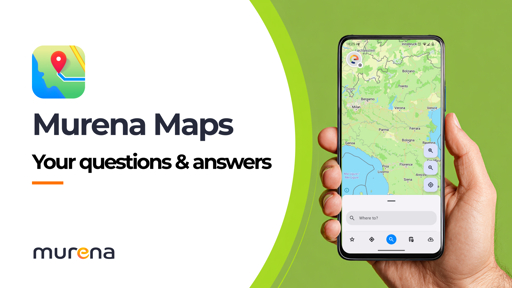 Your questions and answers about Murena Maps next to a hand holding a smartphone with a map on it