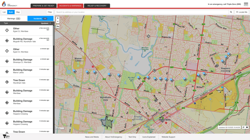 Screenshot of emergency.vic.gov.au website, showing a curved line of many incident locations through Werribee