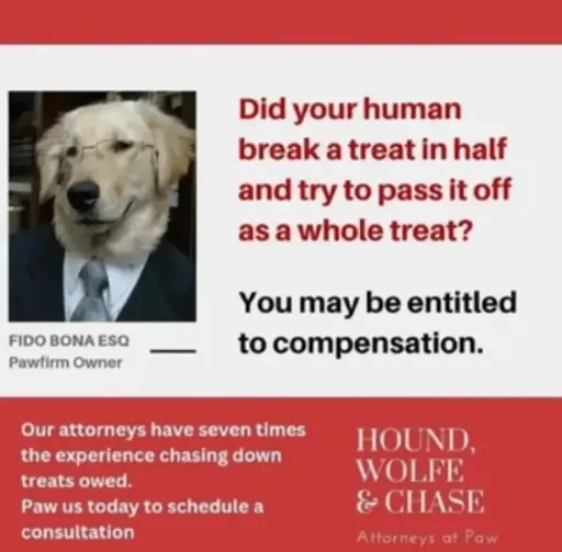 Did your human break a treat in half and try to pass it off as a whole treat? You may be entititled to compensation. - "Hound, Wolfe & Chase" Attourneys at Paw