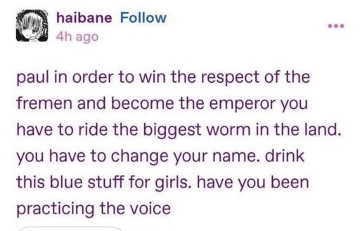Screenshot of a tumblr post by @haibane. Transcription:
paul in order to win the respect of the fremen and become emperor you have to ride the biggest worm in the land. you have to change your name. drink this blue stuff for girls. have you been practicing the voice