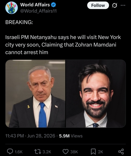 Israeli PM Netanyahu says he will visit New York city very soon, Claiming that Zohran Mamdani cannot arrest him