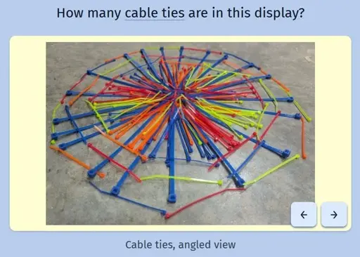 A screenshot of the daily game Estimate Me that shows a bunch of cable ties arranged in a circle on the ground