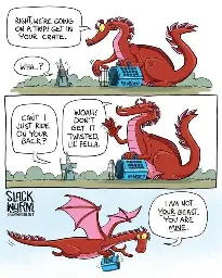 The dragon is holding a large pet crate in the first panel. Dragon: "Right, we're going in a trip! Get in your crate." Human: "What...?"  The human is arguing in the second panel and the dragon is holding up his hand denying the human. Human: "Can't I just ride on your back?" Dragon: "Woah! Don't get it twisted lil' fella."  The dragon is flying carrying the crate with the human inside, the human is uncomfortable. Dragon: "I am not YOUR beast. You are MINE." 