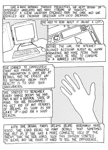 "Like a radio skimming through frequencies, she kept picking up ostensibly unrelated and noisy streams of thoughts. Suddenly a clear waveform emerged from the chaos and she recalled her childhood obsession with lucid dreaming."; A pc, monitor, mouse and keyboard; "She used to read about it online a lot."; web browser; "Before the war, the Internet allowed accessing almost all human knowledge and more media than one would be able to consume in a hundred lifetimes."; a right hand; "She learned to compulsively count her fingers. Apparently our imagination is quite bad at details, and the easiest way to distinguish dream from reality is to spot such inaccuracies. She started to remember every single dream she had. This is not a natural state of mind. You are programmed to get rid of any memories of dreams as soon as you wake up - and for a good reason. With time passing, Fara's dreams became increasingly more vivid. She could recall so many details that sometimes, she felt as if she had a more complete view of the dream than the real world. Soon this division started to blend, and she found it hard to tell the difference."