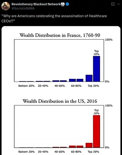 A tweet saying " “Why are Americans celebrating the assassination of Healthcare CEOs!?” " with an image showing parallels between the wealth inequality in France between 1760 to 1790 and wealth inequality in the US in 2016