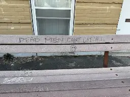 An empty public bench with graffiti on the backrest, "DEAD MEN CANT CAT CALL" and a Punisher style skull underneath.