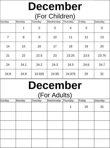 Fake Calendars showing the month of December with contrasting perception of time. One is labelled "for children", and contains normal days until the 22nd, and then fractionall days start appearing, progressing until the 24th, which appears as 24.1, 24.2, 24.3, 24.5, 24.6, 24.7, 24.8, 24.9, 24.925, 24.95, 24.975, 25, and then 31. The calendar labelled December (for Adults) simply has 1, 25, and 31.
