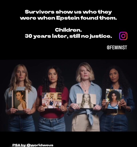 Four survivors holding photos of themselves at the age they met Epstein and demanding release of the files 