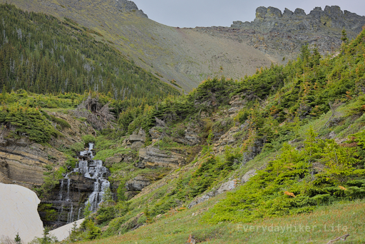 A cascading falls pours out from the twin Southfork lakes above.  the ridgeline on the top of Southfork mountain may be seen above.