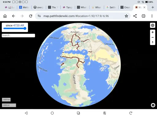 A global view of Golarion, the setting of the Pathfinder RPG
