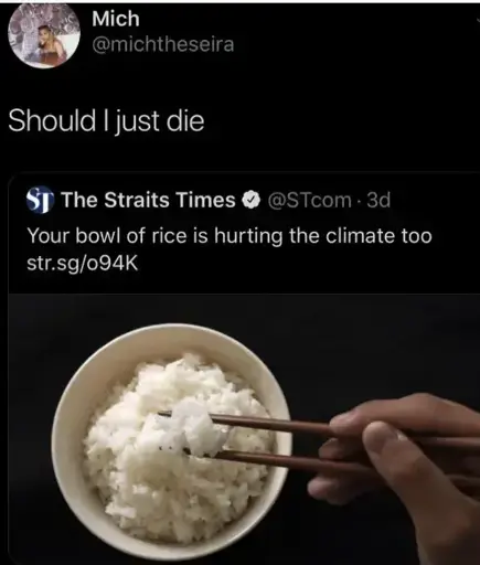 A tweet by some news company saying "Your bowl of rice is hurting the climate too." It has a link to an article and a picture of a bowl of rice. It has a quote saying "Should I just die"