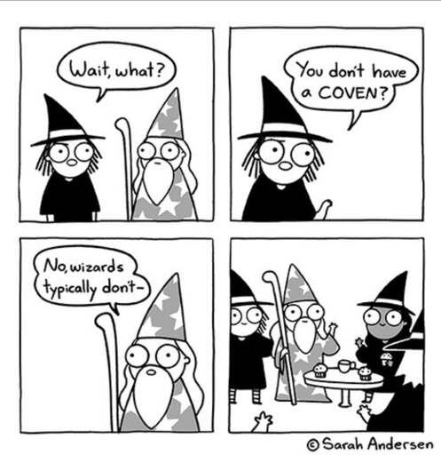 "Wait, what? You don't have a coven?"
"No wizards typically don't –"
*Witch welcomes wizard to her coven 