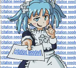 wikipe-tan with a smug expression, holding a slip of paper that says "[citation needed]"