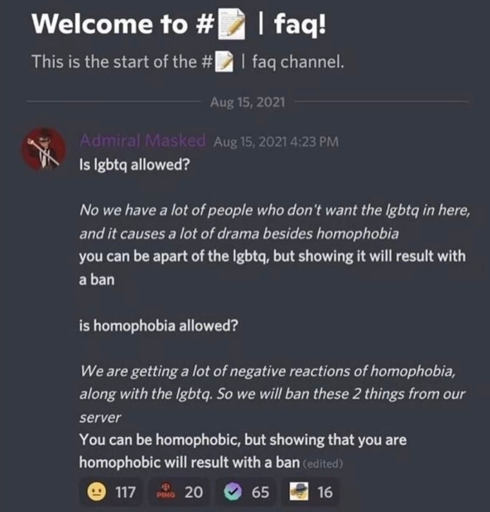 Discord server that bans people for being LGBTQ and Homophobes