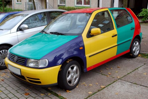 Colorful VW Polo Harlekin with every exterior car part in a different color