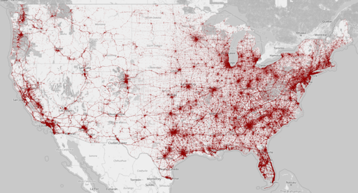 pic shows a map of the USA with roads overlaid with red dots for each roadway death
