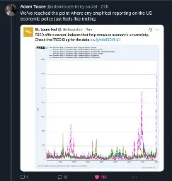 Bluesky Post by Adam Tooze: We've reached the point where any empirical reporting on the US economic policy just feels like trolling. Below a screenshotted post by the St. Louis Fed advertising economic indicators of uncertainty.