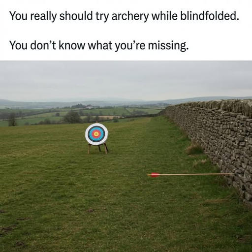 Picture of an archery target with an arrow stuck in a nearby wall, completely missing the mark. "You really should try archery while blindfolded. You don't know what you're missing."
