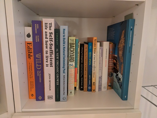 A picture of a bookshelf with several titles visible