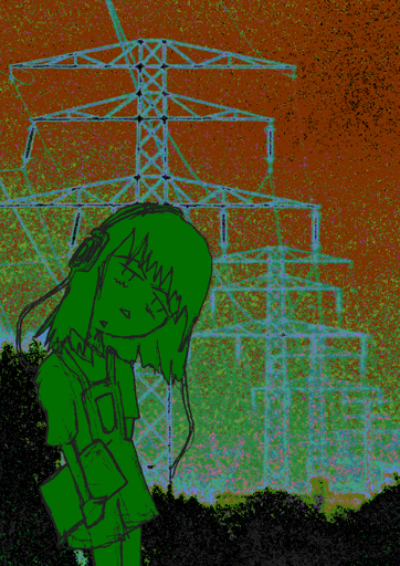 a girl with headphones and a laptop in front of a line of transmission towers; colors are all messed up