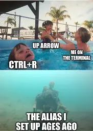 Kids in swimming pool meme with the following captions: Mom: "me on the terminal"; happy kid: "up arrow"; drowning kid: "ctrl+r"; drowned skeleton: "the alias i set up ages ago"