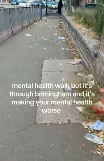 Picture of a run down British street with some litter captioned with "mental health walk but it's through Birmingham and it's making your mental health worse".